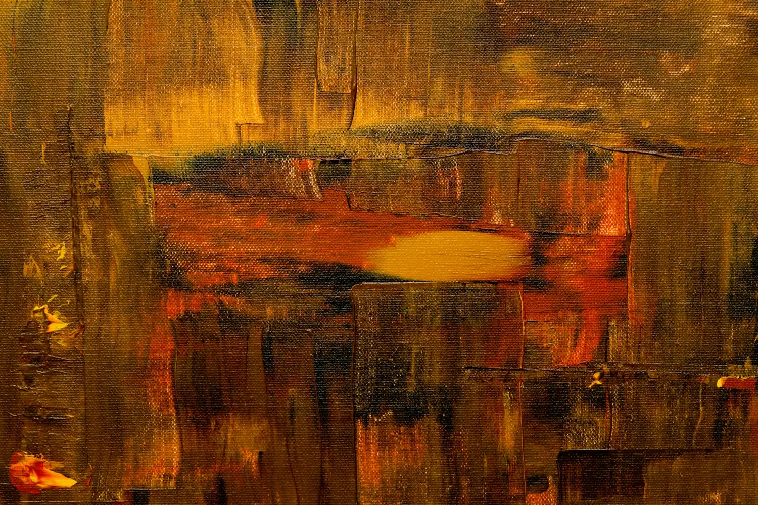 Close-up of an abstract oil painting in ochre, rust and burnt orange